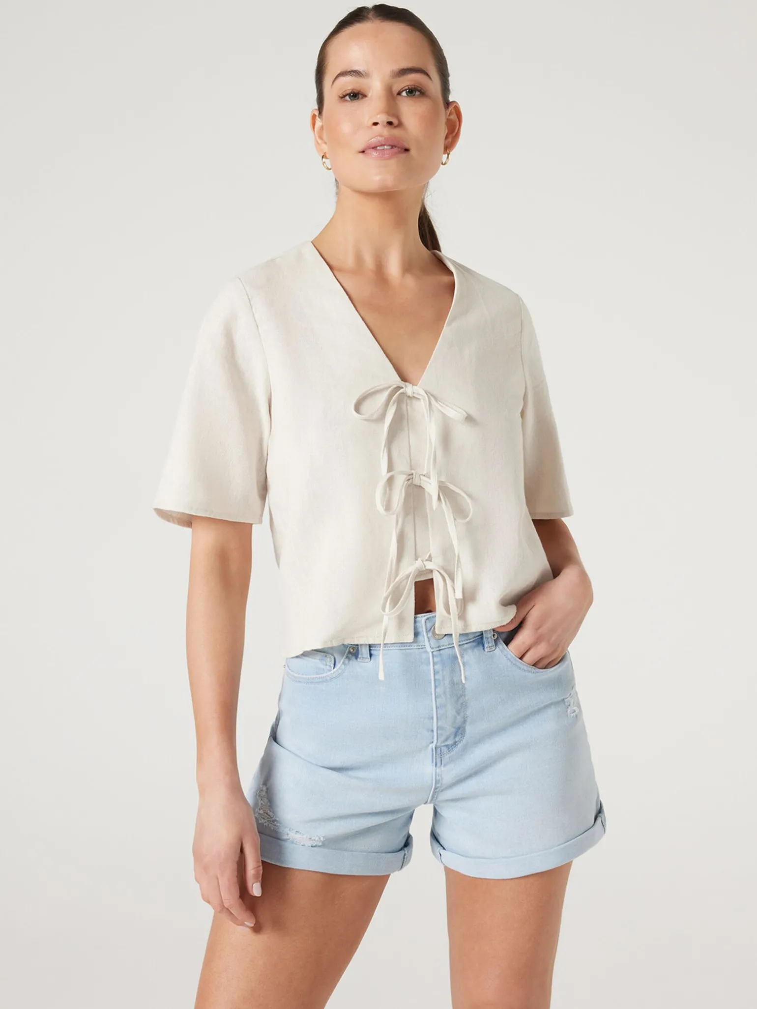 Fashion Jeanswest Demi Tie Front Top Sand