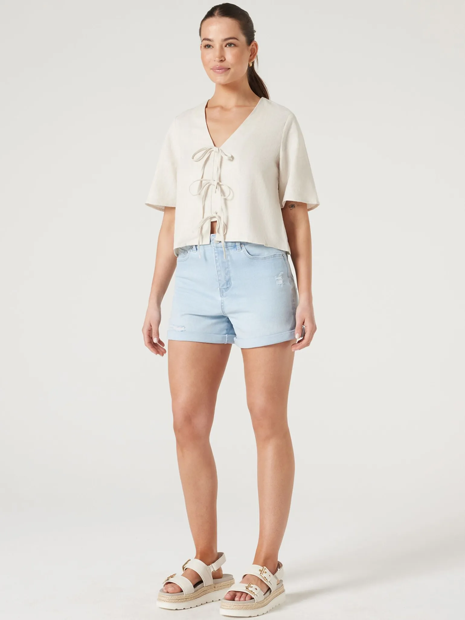 Fashion Jeanswest Demi Tie Front Top Sand